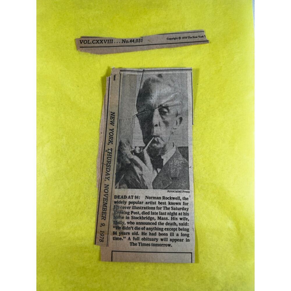 1978 Norman Rockwell Obituary Death Announcement NY Times Ephemera Vintage Rare